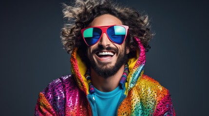 Smiling happy young man in cool colorful neon outfit. Extravagant style, fashion concept background