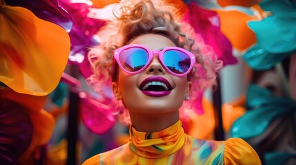 Fototapeta na wymiar Smiling happy young woman in cool colorful neon outfit. Extravagant style, fashion concept background