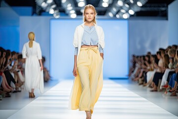 Beautiful girl top model walking down the runway in stylish summer casual wear. Show of designer clothes at the week of high fashion.