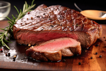 Sliced medium rare grilled Steak Ribeye with rosemary on on wooden board background