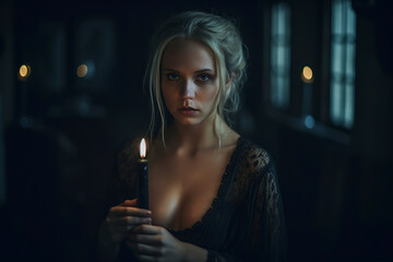 attractive blonde woman in a low-cut black nightgown holding a candle in a dark room with atmosphere of mystery, ai generative