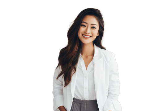 Portrait of young and successful Asian businesswoman wearing a white business suit, confident look, on transparent background, png file
