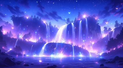 the water and mountain reflects the deep purple and blue light, in the style of cosmic fantasy