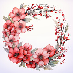 Pink flower wreath illustration. Generative Ai.