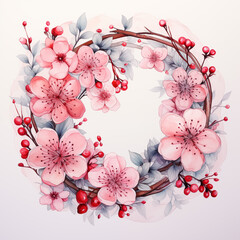Pink flower wreath illustration. Generative Ai.