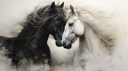 Emoção equina, capturando o abraço terno de dois cavalos majestosos em um cenário campestre idílico - obrazy, fototapety, plakaty