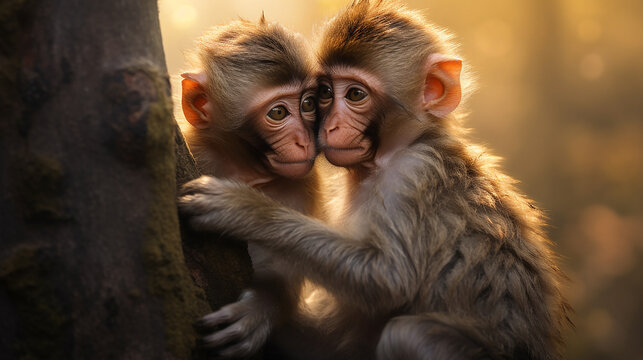 Emoção animal , capturando o abraço terno de dois macacos majestosos em um cenário campestre idílico