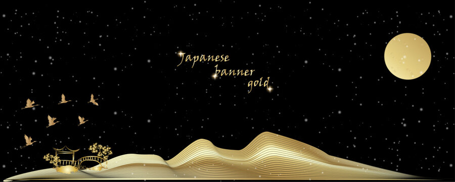Golden banner Japanese style. Luxury wallpaper glitter lights grunge background, gold glitter defocused abstract Twinkly Lights Background. Gold abstract fine arts background vector.