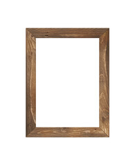 Old rustic wooden picture frame hanging on a white wall