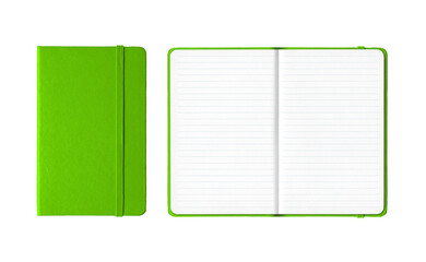 Green closed and open lined notebooks isolated on transparent background