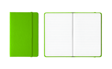 Green closed and open lined notebooks isolated on transparent background