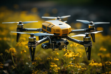 Drone robot pollinates plants. Innovative Pollination: Drone Robot Assists Blooms in a Field of Yellow Flowers. Drone robot fly over a field of yellow flowers
