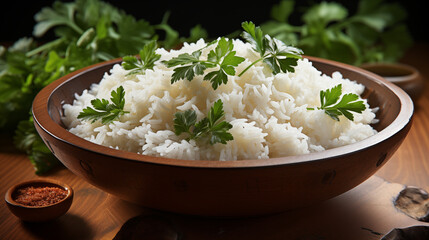 Cooked white rice with parsley in clay bowl on wooden table