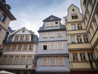 spring trip to Europe. beautiful old German cities, Travel and German sightseeing locations. scenic view to facade of old historic houses somewhere in Frankfurt city