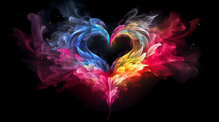 Heart with Wings Abstract Smoke Background. Freeze motion dust cloud. Particles explosion screen saver, wallpaper with color dust. Love romantic concept for Valentines day.