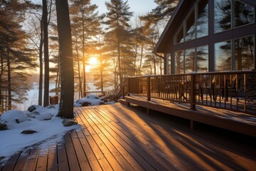 Fototapeta premium Snow-covered cozy terrace with railings near a wooden house in a winter park at dawn or sunset. Secluded hunting lodge, resort in the forest.