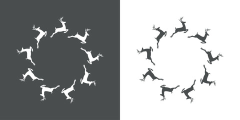 Tiempo de Navidad. Logo con silueta del reno Rudolph y grupo de renos de Santa Claus saltando o volando para su uso en tarjetas y felicitaciones - obrazy, fototapety, plakaty