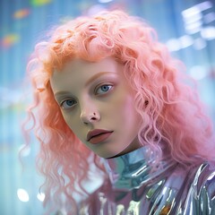 Fototapeta premium Young woman wearing pink hair, purple and pink light up. The color pink in a blonde girl, in the style of avant-garde futurism. Contemporary candy-coated, sci-fi inspired futurism.