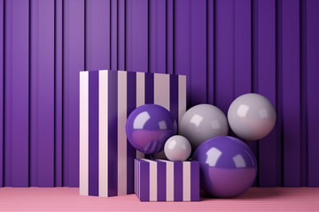 Purple room with wooden bench, balloons and striped wall