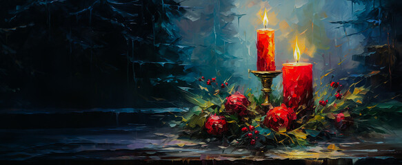 Dwie czerwona, płonące, świąteczne świece ze stroikiem. Farba olejna. Świąteczna atmosfera. Miejsce na tekst. - obrazy, fototapety, plakaty