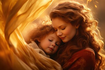 A young mother with a little daughter in her arms in the rays of the sun. Portrait of a woman with a child, angelic appearance.