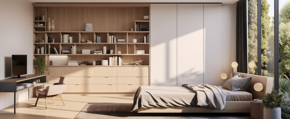 Interior of modern bedroom with white walls, comfortable bed and wooden bookcase. 3d render