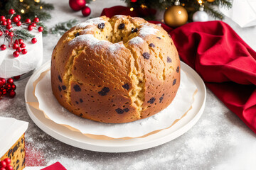 Christmas cake with raisins and powdered sugar. Panettone cake with raisins and icing sugar. Generative AI