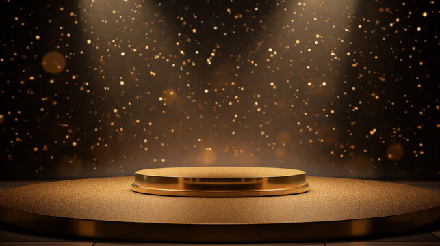 Golden podium illuminated with spotlight and gold glitter illustration
