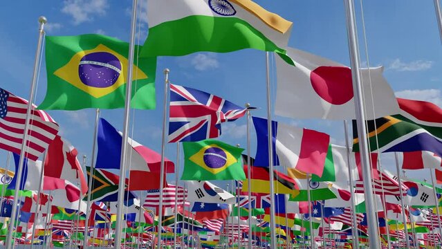 Waving flags countries of members Group of Twenty. 3d rendering. Group of twenty countrys.
Big G20 flag summit Silk waving flags countries of members Group of Twenty political world leaders 