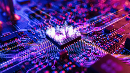 Neon Theme Visualization of Mother Board CPU Processor Starting Digitalization Process and...
