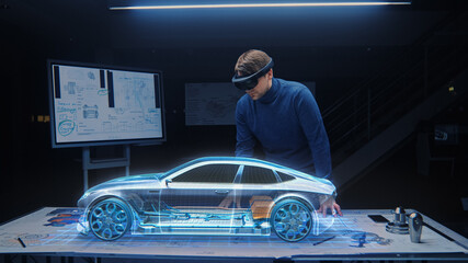 Automotive Engineer Wearing VR Headset Working on 3D Electric Car Prototype, Using Gestures in Augmented Reality. Manipulates Graphical Parts, Picks Body for the Chassis and Powerful Engine - obrazy, fototapety, plakaty