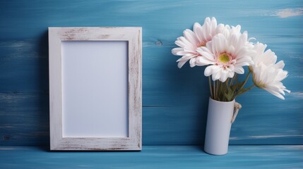 Beautiful Blue Floral Arrangement in White Vase and empty photo frame on wall in modern room generated by AI tool 