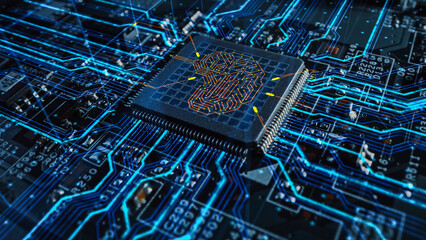 Futuristic High-Tech Visualization: Circuit Board CPU Processor Microchip Starting Artificial...