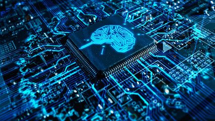 Advanced High-Tech Concept Visualization: Circuit Board CPU Processor Microchip Starting Artificial...