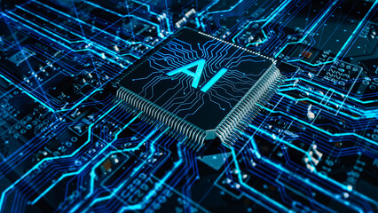 Futuristic High-Tech Concept Visualization: Motherboard CPU Processor Microchip Beginning Artificial Intelligence Digitalization of Data information Processing. Electric Lines Connect into AI Symbol.