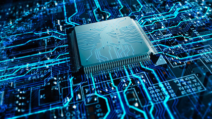 Advanced Technology Concept Visualization: Circuit Board CPU Processor Microchip Starting...