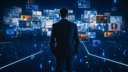 Virtual Reality Internet Interface Concept: Businessman in 3D Cyberspace World: Browses Content Websites, Watches Video Streaming Services, uses Social Media, does e-Commerce e-Business