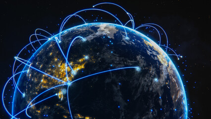 3D Graphics Concept: Spinning Planet Earth Seen from Space Sharing Rays of Information Between Cities. Global Network Connecting the Whole World. Digitalization of e-Commerce, e-Business
