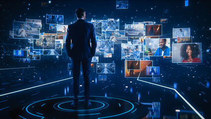 Virtual Reality Interface Concept: Businessman Stands in 3D Cyberspace World: Browses Through Content Websites, Watches Video Streaming Services, uses Social Media, does e-Commerce e-Business