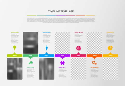Simple timeline process infographic with color blocks and photo placeholders