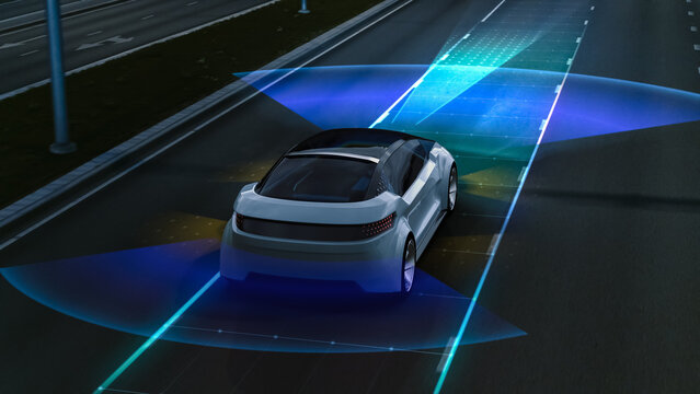 Aerial Drone Following Futuristic 3D Concept Car. Autonomous Self Driving Van Moving Through Highway. Visualized AI Sensors Scanning Road Ahead for Speed Limits, Vehicles, Pedestrians. Back View.