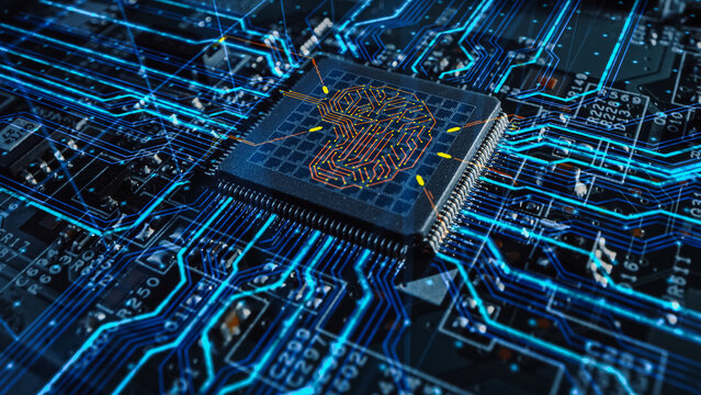 Futuristic High-Tech Visualization: Circuit Board CPU Processor Microchip Starting Artificial Intelligence Digitalization of Neural Networking. Digital Lines Connect into Electronic 3D Brain.