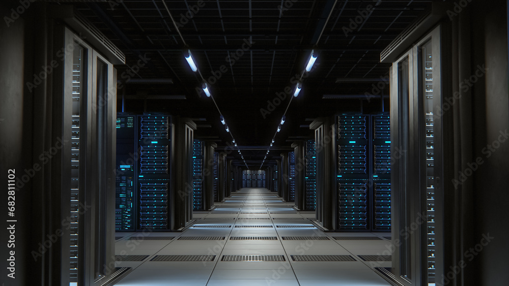 Aufkleber Modern Data Technology Center Server Racks Working in Well-Lighted Room. Concept of Internet of Things, Big Data Protection, Cryptocurrency Farm, Cloud Computing. 3D Shot of Mining Warehouse.