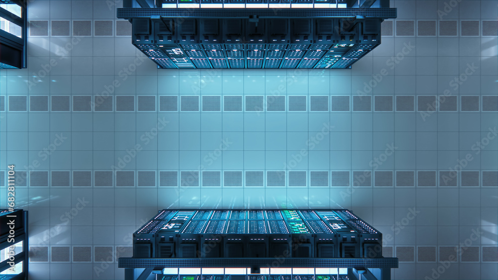 Aufkleber Modern Data Technology Center Server Racks Working in Well-Lighted Facility. Concept of Internet of Things, Big Data Protection, Cryptocurrency Farm, Cloud Computing. 3D Top Down Shot.