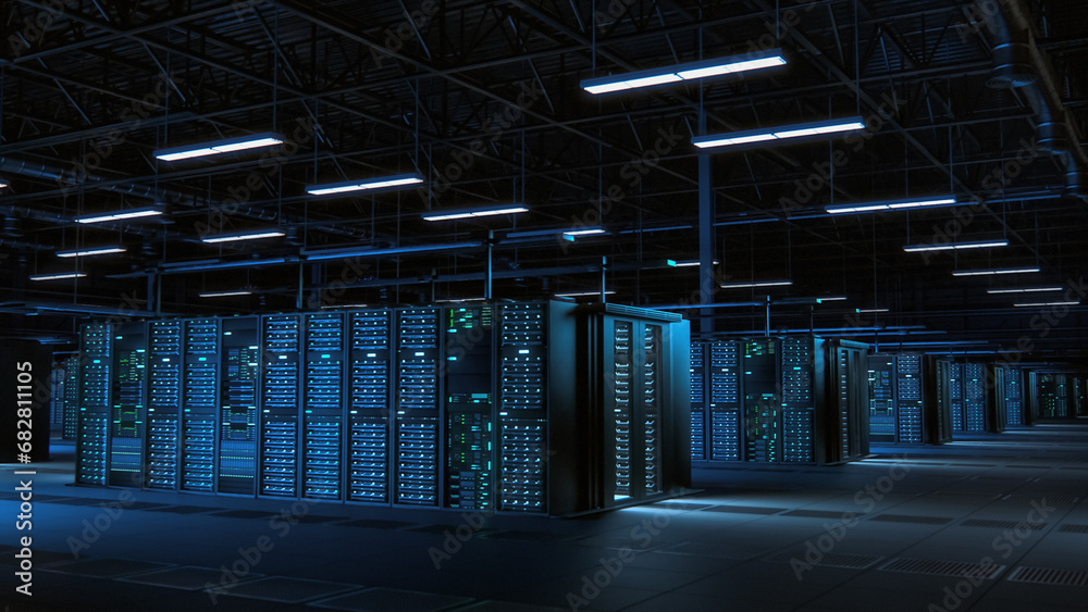 Poster modern data technology center server racks working in dark facility. concept of internet of things, 
