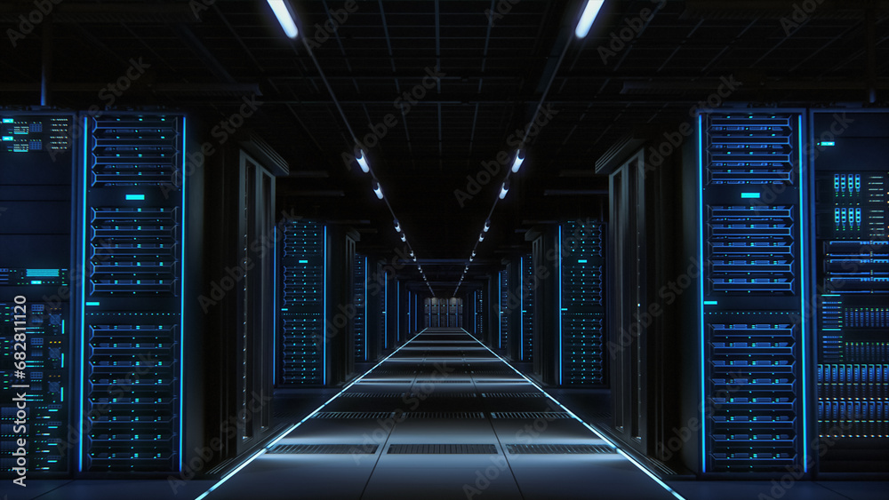 Aufkleber Modern Data Technology Center Server Racks Working in Dark Facility. Concept of Internet of Things, Big Data Protection, Storage, Cryptocurrency Farm, Cloud Computing. 3D Shot of Crypto Miners.