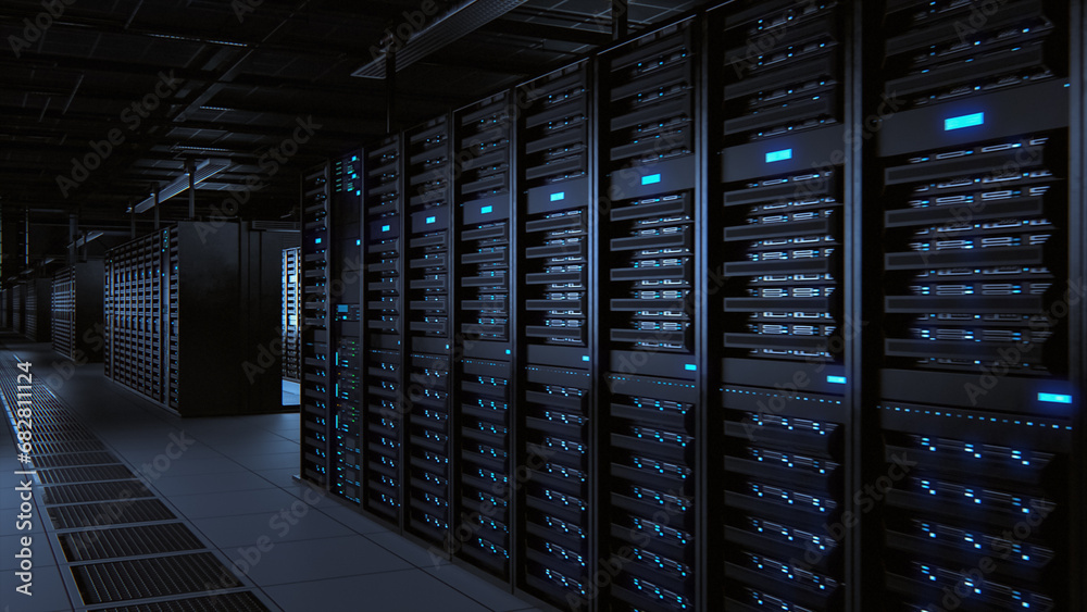 Fototapete Modern Data Technology Center Server Racks Working in Dark Facility. Concept of Internet of Things, Big Data Protection, Storage, Cryptocurrency Farm, Cloud Computing. 3D Computer Rendered Facility.