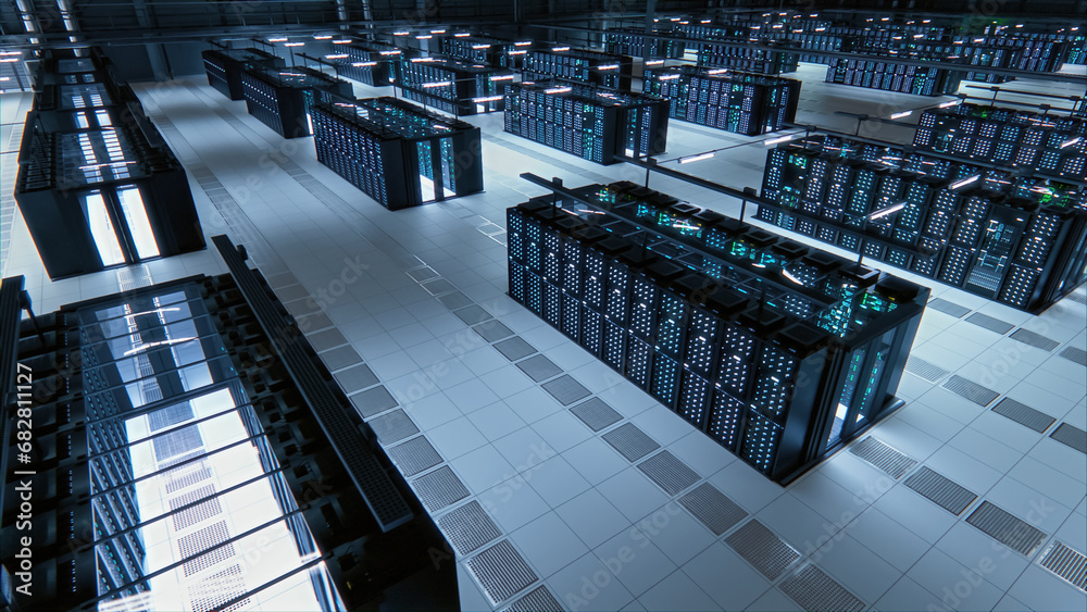 Poster Data Technology Center Server Racks Working in Well-Lighted Room. Concept of Internet of Things, Big Data Protection, Cryptocurrency Farm, Cloud Computing. 3D Shot of Powerful Computers.