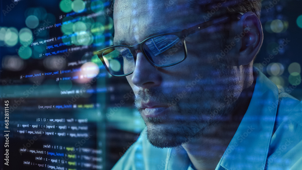 Aufkleber Portrait of Startup Digital Entrepreneur Working on Computer, Line of Code Projected on His Face and Reflecting in Glasses. Developer Working on Innovative e-Commerce App using AI and Open Data.