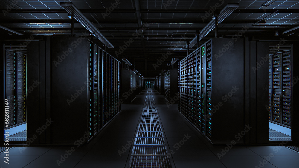 Poster Data Technology Center Server Racks Working in Dark Facility. Concept of Internet of Things, Big Data Protection, Storage, Cryptocurrency Farm, Cloud Computing. 3D Render of Crypto Mining Warehouse.